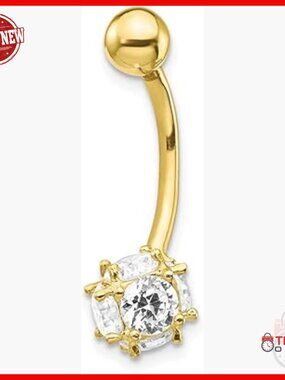 10K Yellow Gold 7mm CZ Soccer Ball Belly Ring Dangle Body Jewelry